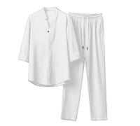Two-piece men's linen suit, summer leisure suit, plain, 2-piece, short sleeve, button-up, stand-up collar, shirt and linen trousers, beach shirt, trousers set, White, XXXL