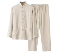 Two-piece men's linen suit, summer leisure suit, plain, 2-piece, short sleeve, button-up, stand-up collar shirt and linen trousers, beach shirt, trousers set, 02 Khaki, 5XL