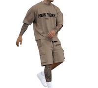 Two-piece men's short tracksuit, men's summer jogging suit, New York print, T-shirt, short sleeve and shorts set with pockets, tracksuit, leisure suit, crew neck tops, shorts, sports suit, streatwear