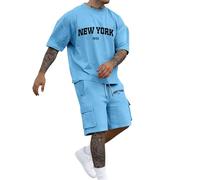 Two-piece men's short tracksuit, men's summer jogging suit, New York print, T-shirt, short sleeve and shorts set with pockets, tracksuit, leisure suit, crew neck tops, shorts, sports suit, streatwear