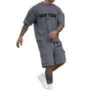 Two-piece men's short tracksuit, men's summer jogging suit, New York print, T-shirt, short sleeve and shorts set with pockets, tracksuit, leisure suit, crew neck tops, shorts, sports suit, streatwear