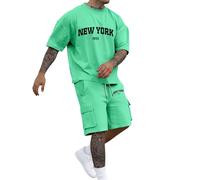 Two-piece men's short tracksuit, men's summer jogging suit, New York print, T-shirt, short sleeve and shorts set with pockets, tracksuit, leisure suit, crew neck tops, shorts, sports suit, streatwear