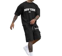 Two-piece men's short tracksuit, men's summer jogging suit, New York print, T-shirt, short sleeve and shorts set with pockets, tracksuit, leisure suit, crew neck tops, shorts, sports suit, streatwear