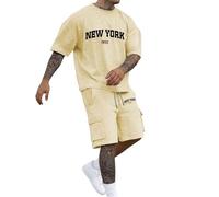 Two-piece men's short tracksuit, men's summer jogging suit, New York print, T-shirt, short sleeve and shorts set with pockets, tracksuit, leisure suit, crew neck tops, shorts, sports suit, streatwear