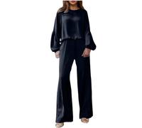 Two Piece Outfit Clearance Women Tracksuit Gym Set Elastic Waistband Wide Leg Lounge Pants Long Sleeve Sweatshirt Suits Teen Girls Y2K Autumn Raglan Sleeves Solid Color Tops Sweatsuits