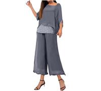 Two Piece Outfit Women Chiffon Elegant Business Casual Suits Lace Sequined Patchwork Batwing Tops and Flowy Chiffon Wide Leg Pants Set for Wedding, Evening, Mother of the Bride