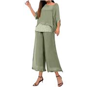 Two Piece Outfit Women Chiffon Elegant Business Casual Suits Lace Sequined Patchwork Batwing Tops and Flowy Chiffon Wide Leg Pants Set for Wedding, Evening, Mother of the Bride