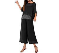 Two Piece Outfit Women Chiffon Elegant Business Casual Suits Lace Sequined Patchwork Batwing Tops and Flowy Chiffon Wide Leg Pants Set for Wedding, Evening, Mother of the Bride