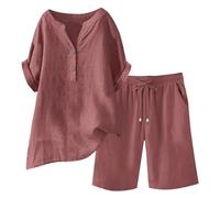 Two Piece Outfit Women Cotton Linen Outfits Short Sleeve Henley Neck Tops Button Placket Blouses Elasticated Waist Drawstring Shorts With Pockets Casual Set For Daily Wear Watermelon Red XL