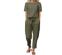 Two Piece Outfit Women Going Out Cotton Linen Wide Leg Trousers with Pockets and Short Sleeve Tank Top Summer Women's Trouser Suits Capri Pants Casual Tracksuit Srts Outfit Sets 1-Army Green1 L
