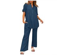 Two Piece Outfit Women Plus Size Elegant Going Out Summer Long Sleeve Linen Co ord Sets Henley V Neck Loose Fit Wide Leg Palazzo Trousers Lounge Wear Tracksuit Full Set UK Sale Clearance