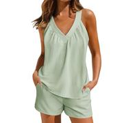 Two Piece Outfit Women Shorts - V Neck Sleeveless Tunic Tops with Shorts Y2k Tracksuits 2 Piece Lounge Set Pyjamas Sets Summer Co Ord Set Homewear Loungewear for Holiday Beach Streetwear Green