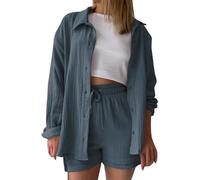 Two Piece Outfit Women Summer Co Ord Sets Cotton Linen Short Sleeve Button Down Sports Shorts with Pockets Casual Tracksuit Tunic Drawstring Sweatpants Travel Going Out Outfits Dark Gray