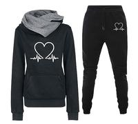 Two Piece Outfit Women Tracksuits Casual Soft Cosy Fleece Hoodies Lounge Wear Sets Loose Heartbeat Print Hoodie Sweatshirt Pullover With Bottom Joggers Sweatpants Sports Outfits Sweatsuits Sportwear