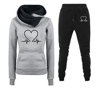 Two Piece Outfit Women Tracksuits Casual Soft Cosy Fleece Hoodies Lounge Wear Sets Loose Heartbeat Print Hoodie Sweatshirt Pullover With Bottom Joggers Sweatpants Sports Outfits Sweatsuits Sportwear