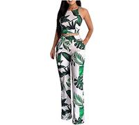 Two Piece Outfit Women UK Sale Summer Sleeveless Crop Top and Wide Leg Trousers Palm Leaf Print Casual Vintage Jumpsuit High Waist Elegant Tracksuit Camis Top+ Long Pant Set Party Beach Holiday Green