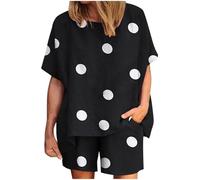Two Piece Outfit Women, Womens Tracksuit Sets Crew Neck Polka Dot Printed Short Sleeve Tops and Loose Shorts 2 Pieces Outfit, Vacation Outfits For Women Loungewear Streetwear Workout
