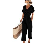 Two Piece Outfit Women Wrap V Neck Cap Short Sleeve Cropped Top Women's Trouser Suits Coord Sets for Women UK Elegant 2 Piece Set for Office Work Summer Clothing M Black