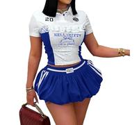 Two Piece Outfits for Women Summer Y2K Going Out Lace Trim Ruched Crop Tops Pleated Bubble Mini Skort Skirt Sets, Royal Blue, Medium