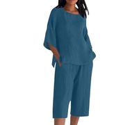 Two Piece Outfits Women Baggy Cotton Linen Co Ord Set Plus Size Summer 2 Piece Short Sleeve Round Neck Summer Short Sleeve Round Neck Cheesecloth Tops Wide Leg Capri Toursers Lounge Wear Set