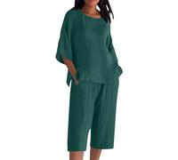Two Piece Outfits Women Baggy Cotton Linen Co Ord Set Plus Size Summer 2 Piece Short Sleeve Round Neck Summer Short Sleeve Round Neck Cheesecloth Tops Wide Leg Capri Toursers Lounge Wear Set