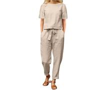 Two Piece Outfits Women Cotton Linen Short Sleeve Set Summer Tracksuit Crewneck Casual T-Shirts Tops Wide Leg Pants Sets Plus Size Matching Outfit Lounge Homewear with Pocket