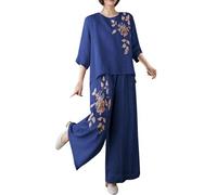 Two Piece Outfits Women Loose Floral Printed Loungewear Sets 3/4 Sleeve Round Neck Top and Wide Leg Pants Nightwear Leisure Suits Ladies Spring Summer Linen Pyjamas 2 Piece Holiday Outfits Navy