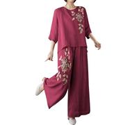 Two Piece Outfits Women Loose Floral Printed Loungewear Sets 3/4 Sleeve Round Neck Top and Wide Leg Pants Nightwear Leisure Suits Ladies Spring Summer Linen Pyjamas 2 Piece Holiday Outfits Red