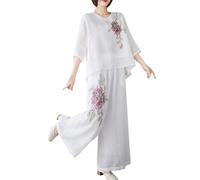 Two Piece Outfits Women Loose Floral Printed Loungewear Sets 3/4 Sleeve Round Neck Top and Wide Leg Pants Nightwear Leisure Suits Ladies Spring Summer Linen Pyjamas 2 Piece Holiday Outfits White