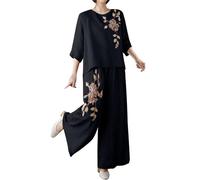 Two Piece Outfits Women Loose Floral Printed Loungewear Sets 3/4 Sleeve Round Neck Top and Wide Leg Pants Nightwear Leisure Suits Ladies Spring Summer Linen Pyjamas 2 Piece Holiday Outfits Black