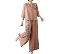 Two Piece Outfits Women Loose Floral Printed Loungewear Sets 3/4 Sleeve Round Neck Top and Wide Leg Pants Nightwear Leisure Suits Ladies Spring Summer Linen Pyjamas 2 Piece Holiday Outfits Khaki
