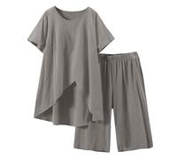 Two Piece Outfits Women Summer Cotton Linen Loungewear Sets Solid Short Sleeve Round Neck Tops and Knee Length Shorts Nightwear Leisure Suits Ladies Linen Pyjamas Set 2 Piece Holiday Outfits Gray