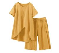 Two Piece Outfits Women Summer Cotton Linen Loungewear Sets Solid Short Sleeve Round Neck Tops and Knee Length Shorts Nightwear Leisure Suits Ladies Linen Pyjamas Set 2 Piece Holiday Outfits Yellow