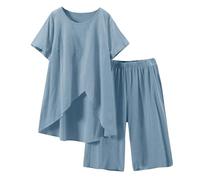 Two Piece Outfits Women Summer Cotton Linen Loungewear Sets Solid Short Sleeve Round Neck Tops and Knee Length Shorts Nightwear Leisure Suits Ladies Linen Pyjamas Set 2 Piece Holiday Outfits Blue
