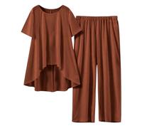 Two Piece Outfits Women Summer Cotton Linen Loungewear Sets Solid Short Sleeve Round Neck Tops and Wide Leg Pants Nightwear Leisure Suits Ladies Linen Pyjamas Set 2 Piece Holiday Outfits Coffee