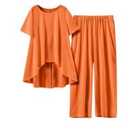 Two Piece Outfits Women Summer Cotton Linen Loungewear Sets Solid Short Sleeve Round Neck Tops and Wide Leg Pants Nightwear Leisure Suits Ladies Linen Pyjamas Set 2 Piece Holiday Outfits Orange