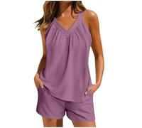 Two Piece Outfits Women Summer Lounge Wear Sets Ladies Linen Sleeveless Vest Tops and Shorts Loose Fitting Co Ords Lightweight Comfortable Short Tracksuits Full Set 2 Piece Travel Outfits Pj Sets