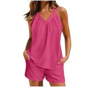Two Piece Outfits Women Summer Lounge Wear Sets Ladies Linen Sleeveless Vest Tops and Shorts Loose Fitting Co Ords Lightweight Comfortable Short Tracksuits Full Set 2 Piece Travel Outfits Pj Sets