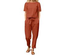 Two Piece Outfits Women Summer Tracksuits Linen Lounge Wear Sets Ladies Co Ords Round Neck Short Sleeve Tops and Trousers 2 Piece Jogger Outfit Casual Suit Vacation Travel Outfits Holiday Clothes