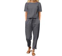 Two Piece Outfits Women Summer Tracksuits Linen Lounge Wear Sets Ladies Co Ords Round Neck Short Sleeve Tops and Trousers 2 Piece Jogger Outfit Casual Suit Vacation Travel Outfits Holiday Clothes