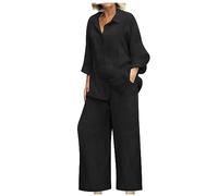 Two Piece Outfits Women Summer Tracksuits Long Sleeve Lounge Wear Sets Ladies Button Down Shirts and Wide Leg Trousers Linen Casual Co Ords Sets Daily Wear Going Out Vacation Travel Airport Outfits