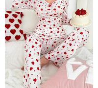 Two piece pajama set with heart pattern for women, crafted from polyester fabric with moderate elasticity, suitable for casual home, vacation, club, and daily wear (M red)