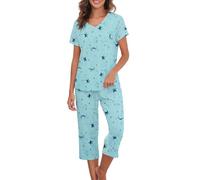 Two Piece Pyjamas For Women UK, Ladies Pyjamas, Short Sleeve Cartoon Print Pjs Sets, Tops With Capri Pants Sleepwear, Women Sleep & Lounge, Green Stars, L