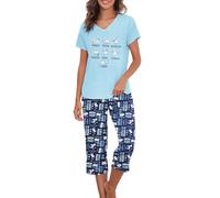 Two Piece Pyjamas For Women UK, Ladies Pyjamas, Short Sleeve Cartoon Print Pjs Sets, Tops With Capri Pants Sleepwear, Women Sleep & Lounge, Dark Blue White Cat, XL