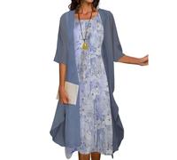 Two-Piece Set Maxi Dress for Womens Flowy Chiffon Cardigan Wedding Guest Floral Print Midi Dresses with Lace Jacket, Navy, Large