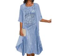 Two-Piece Set Maxi Dress for Womens Flowy Chiffon Cardigan Wedding Guest Floral Print Midi Dresses with Lace Jacket, Blue, Medium