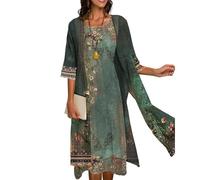 Two-Piece Set Maxi Dress for Womens Flowy Chiffon Cardigan Wedding Guest Floral Print Midi Dresses with Lace Jacket, Boho*army Green, M
