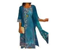 Two-Piece Set Maxi Dress for Womens Flowy Chiffon Cardigan Wedding Guest Floral Print Midi Dresses with Lace Jacket, Boho*drak Blue, 3XL
