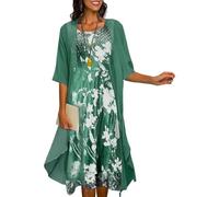 Two-Piece Set Maxi Dress for Womens Flowy Chiffon Cardigan Wedding Guest Floral Print Midi Dresses with Lace Jacket, Floral Green, XXL