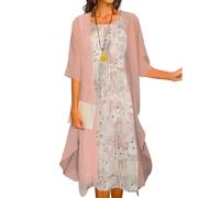 Two-Piece Set Maxi Dress for Womens Flowy Chiffon Cardigan Wedding Guest Floral Print Midi Dresses with Lace Jacket, Light Pink, XL